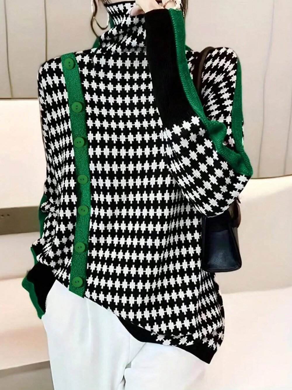 Multicolor Casual Women's Patchwork Turtleneck Loose Long Sleeve Sweater